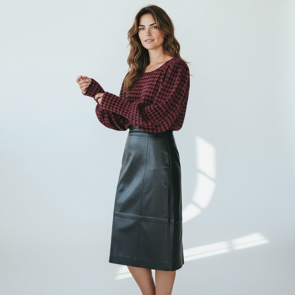 EST 1946 Soft Fleece Houndstooth Check Puff Sleeve Top XL Soft Officewear